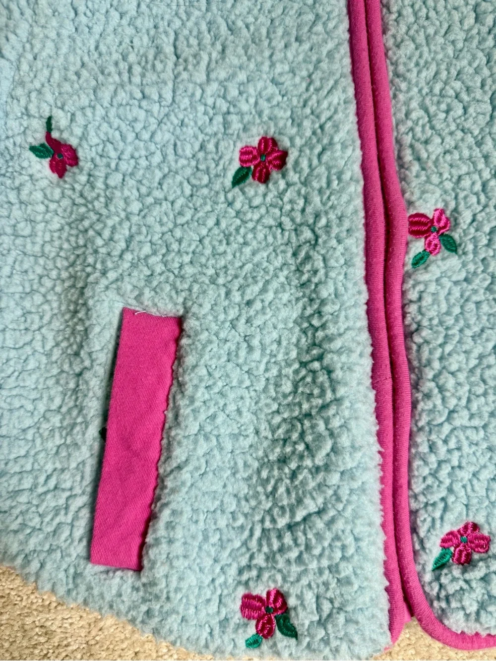 Cat & Jack Light Blue Sherpa Jacket with Pink Trim and Floral Embroidery